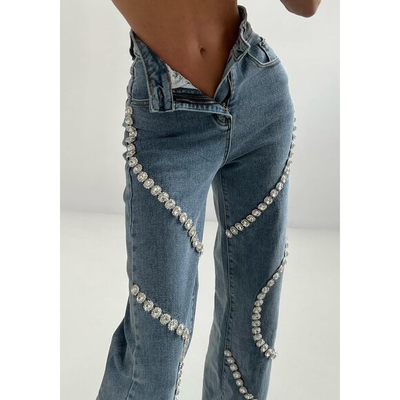 Women High Waist Jeans Rhinestone Trim Baggy Denim Pants Wide Leg Y2K - Picture 6 of 6